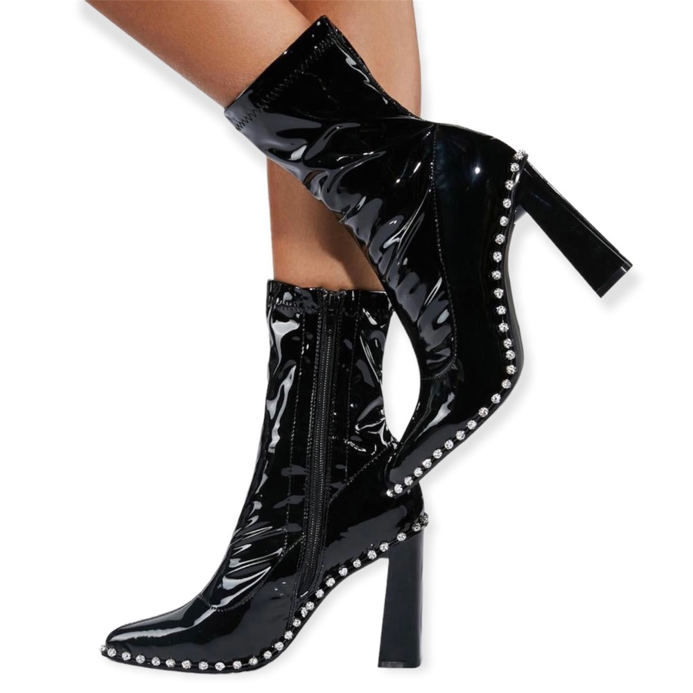 Lemon Drop by Privileged Noir Mooney Ankle Boots Black Gloss Bling Crystal 6.5